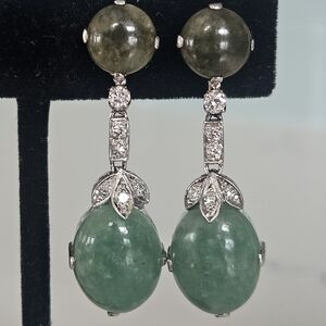 Antique Art Deco 14k White Gold Jade Cabochon Diamond Chandelier Dangle Earrings